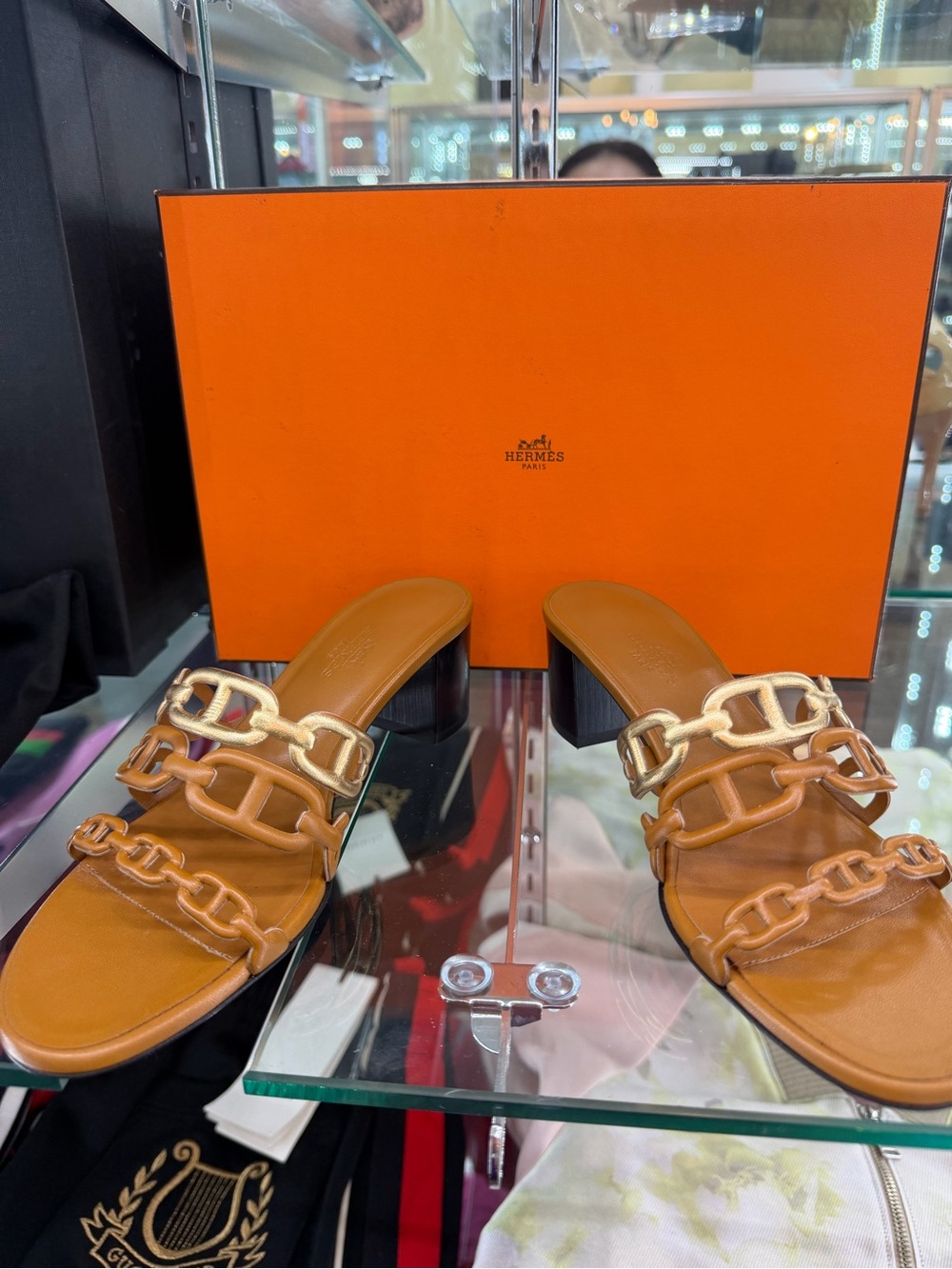 Hermes Tan Leather Chain-Link Slide Heels